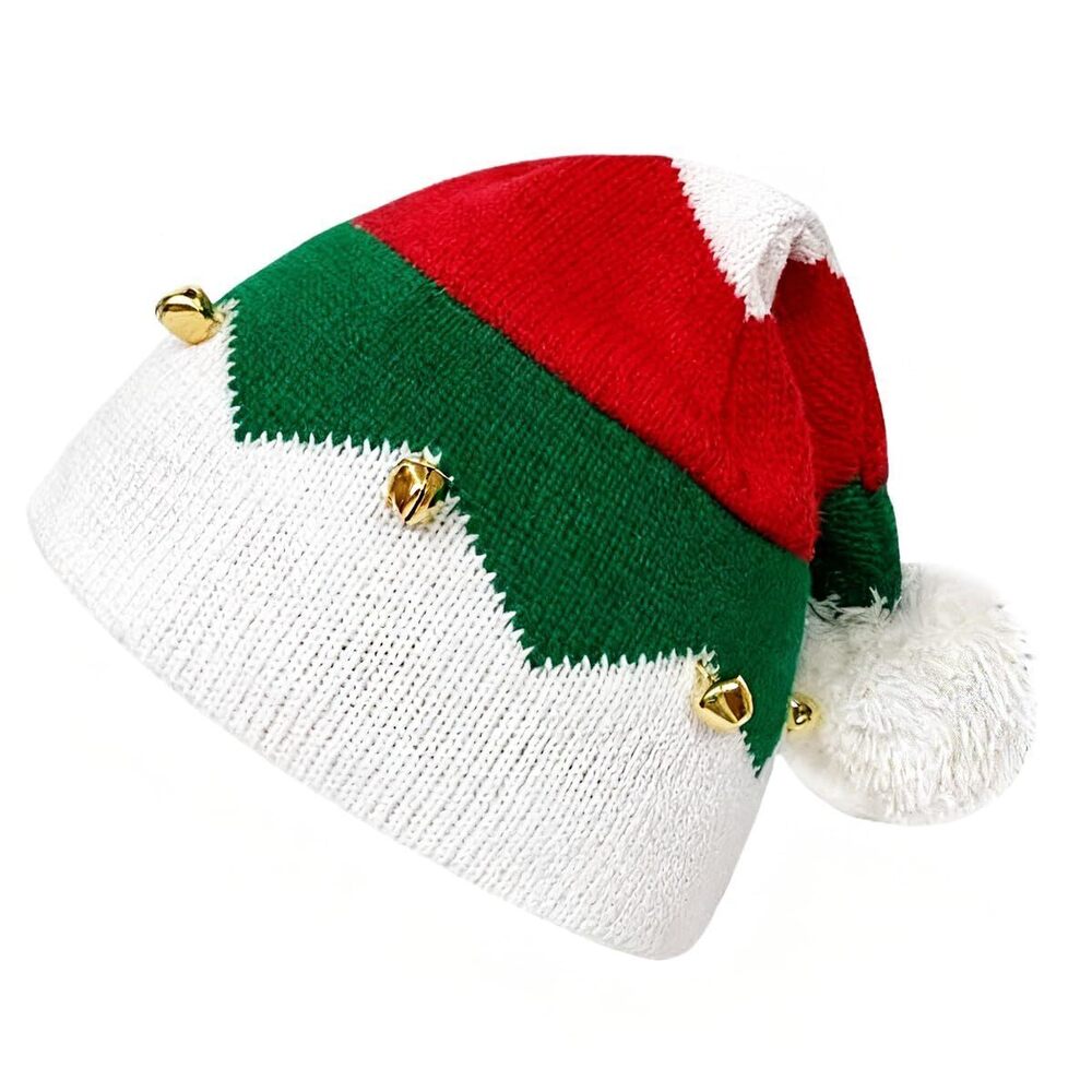 9266 Christmas Hat Knitted Elf Xmas Stripe Hat with Bell Thicken Velvet